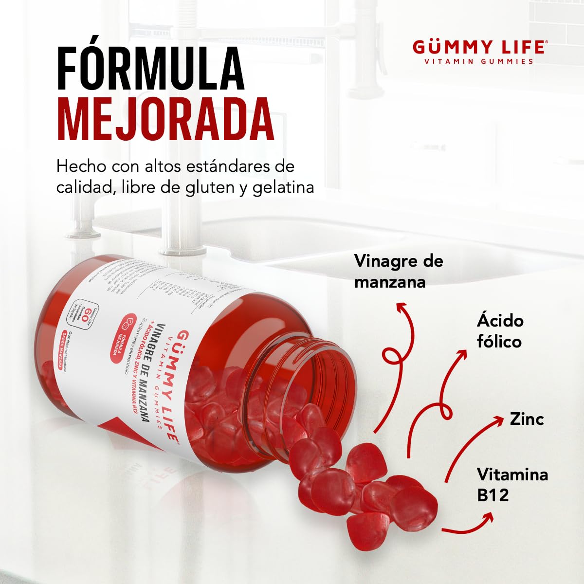 Gummy Life Vitamin Gummies Apple Vinegar Gummies with Folic Acid and Vitamin B12 Gummy 60