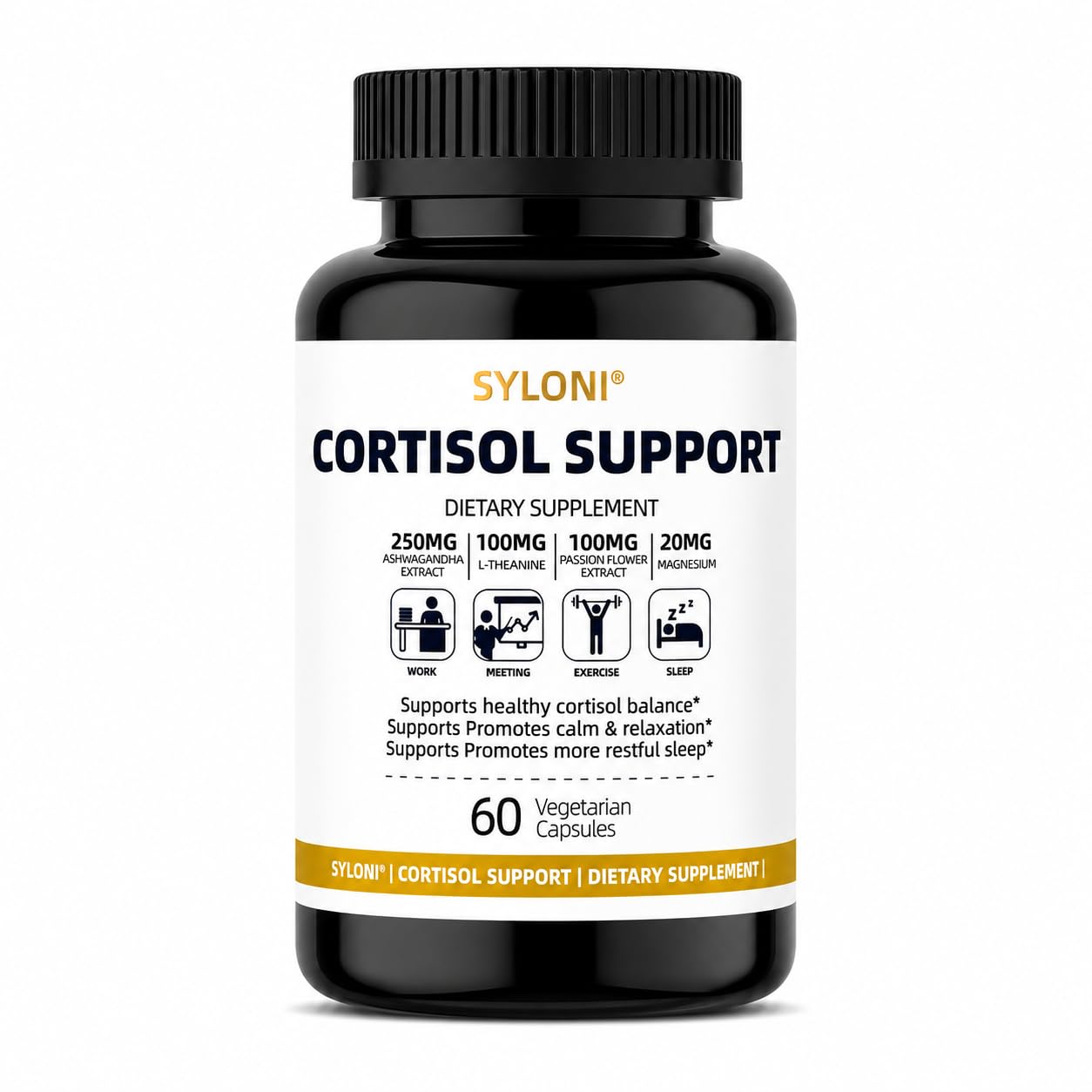Syloni Cortisol Supplements for Women, Ashwagandha, L-Theanine & Passion Flower, Melatonin-Free Formula for Healthy Stress Response, Calm, Relaxation & Restful Sleep Capsules, 60 Count
