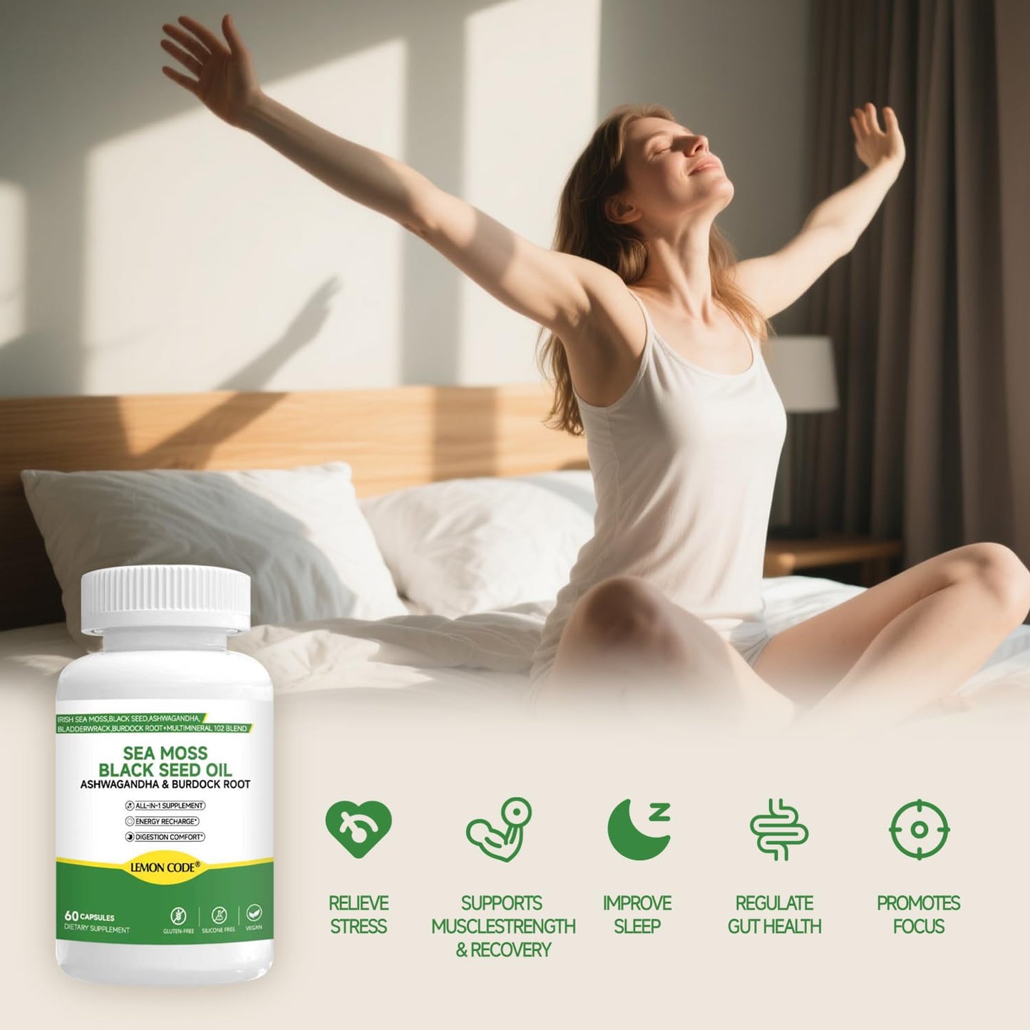LEMON CODE Sea Moss & Black Seed Oil Capsules with Burdock & Bladderwrack & Ashwagandha, Vitamin C&D, Natural Herbal Complex for Daily Balance, Energy & Digestive Support, 60 Capsules