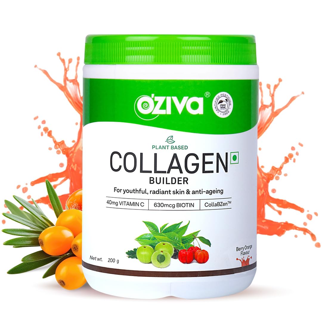 OZIVA Plant Based Collagen Builder with Biotin & Silica, Acai Berry, Bamboo Shoot, Sea Buckthorn for Anti Aging Beauty Powder 250