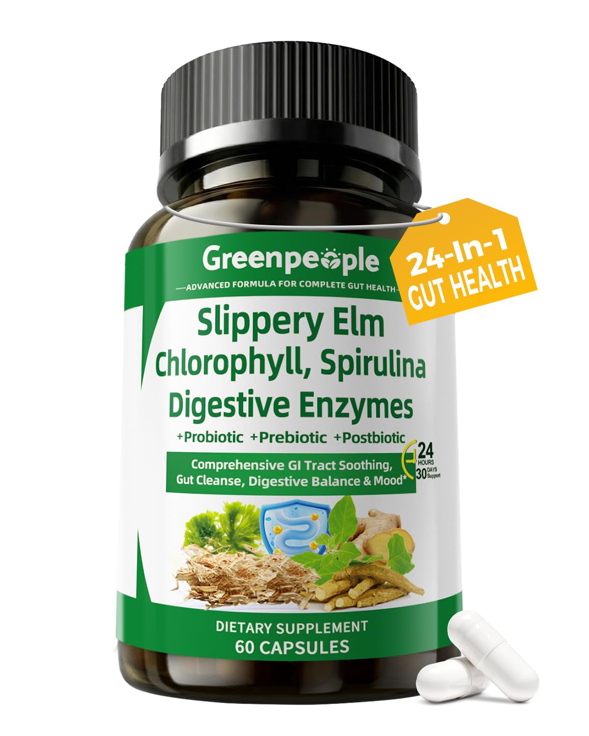 GREENPEOPLE Digestive Enzymes for Women & Men - Gentle Gut Health & Cleanse Capsule with Slippery Elm, Chlorophyll, Spirulina, Probiotics Complex - Complete Sensitive Gut Supplement, 60 Capsules
