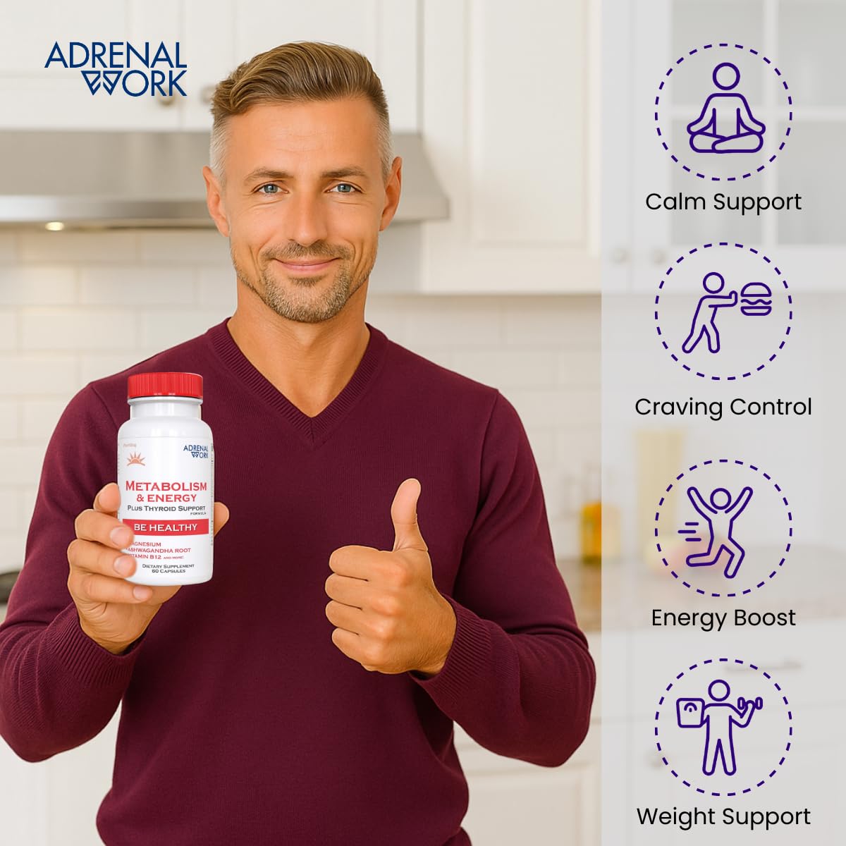 Adrenalwork Adrenal Support Supplement Organic Ashwagandha Capsules for Stress Relief, Calm Energy & Focus - Adaptogen Blend with Rhodiola & Holy Basil - Men & Women - 60 Capsules