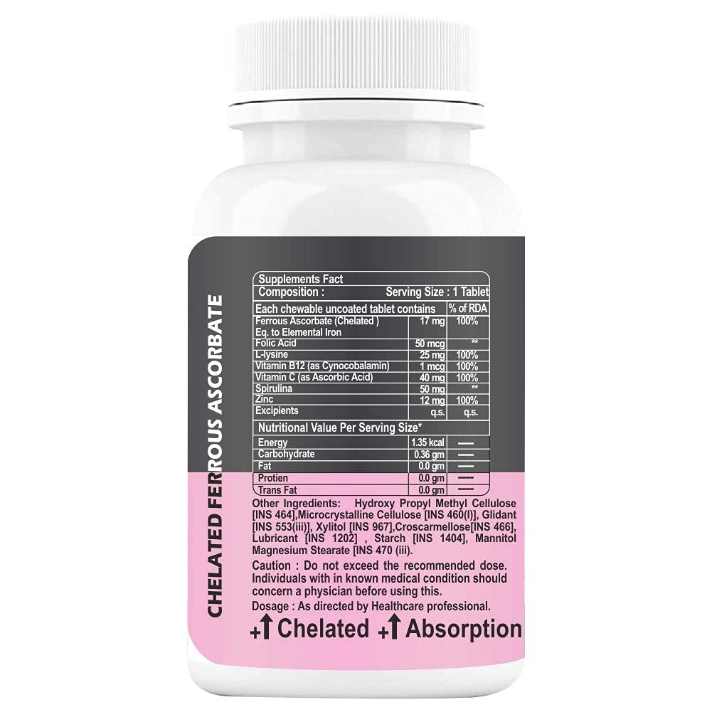 Generic ATS Iron Tablets with Folic Acid, Vitamin C, B12, Lysine, Spirulina & Zinc Supplements as Haemoglobin Builder, Energy for Women and Teen Girls, 60 Tablets
