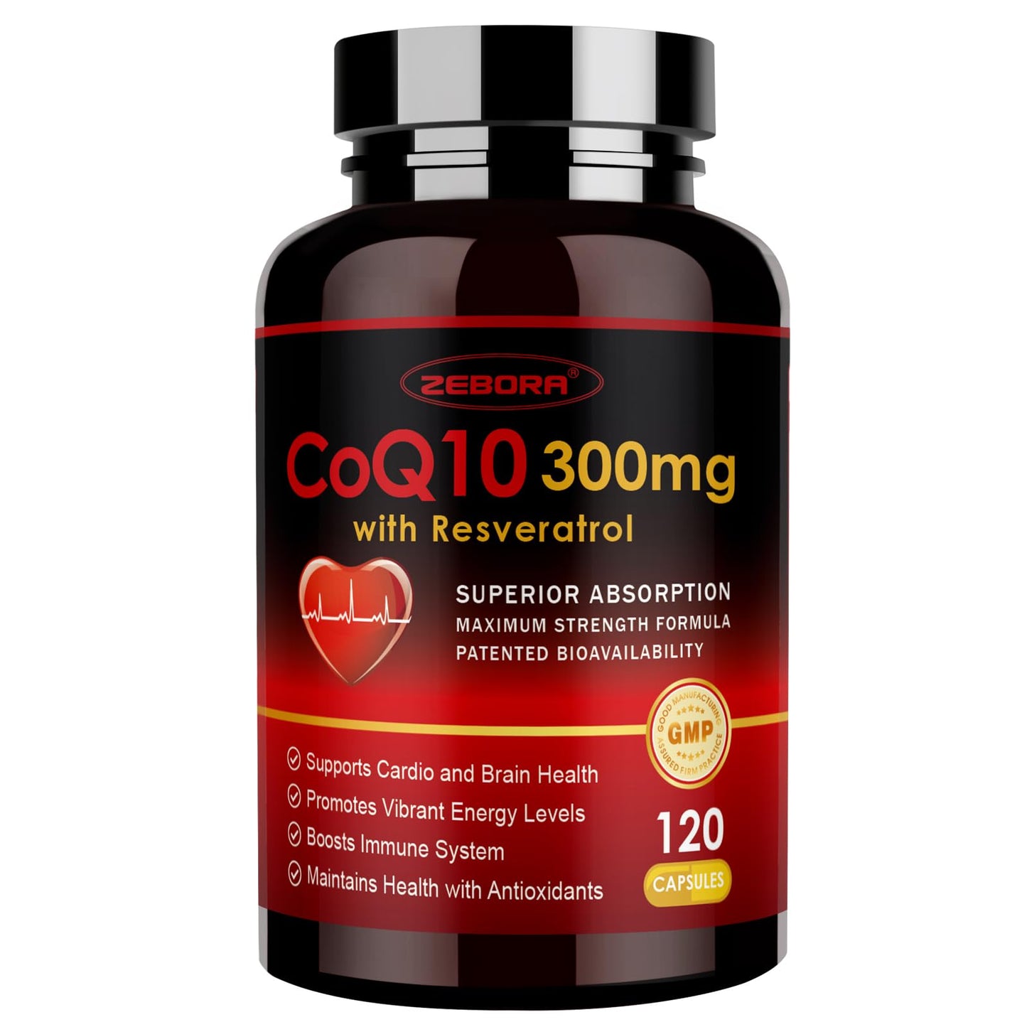 ZEBORA CoQ10-300mg with Trans-Resveratrol, PQQ & Vitamin E, High Absorption Coenzyme-Q10 with BioPerine, 120 Capsules