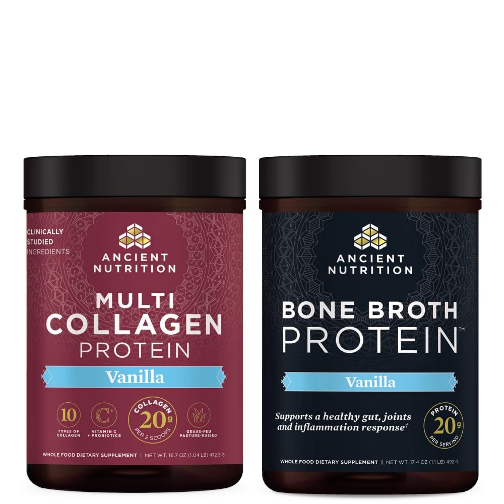 Ancient Nutrition Multi Collagen Protein Powder, Vanilla, 45 Servings + Bone Broth Protein Powder, Vanilla, 20 Servings, 2-Pack