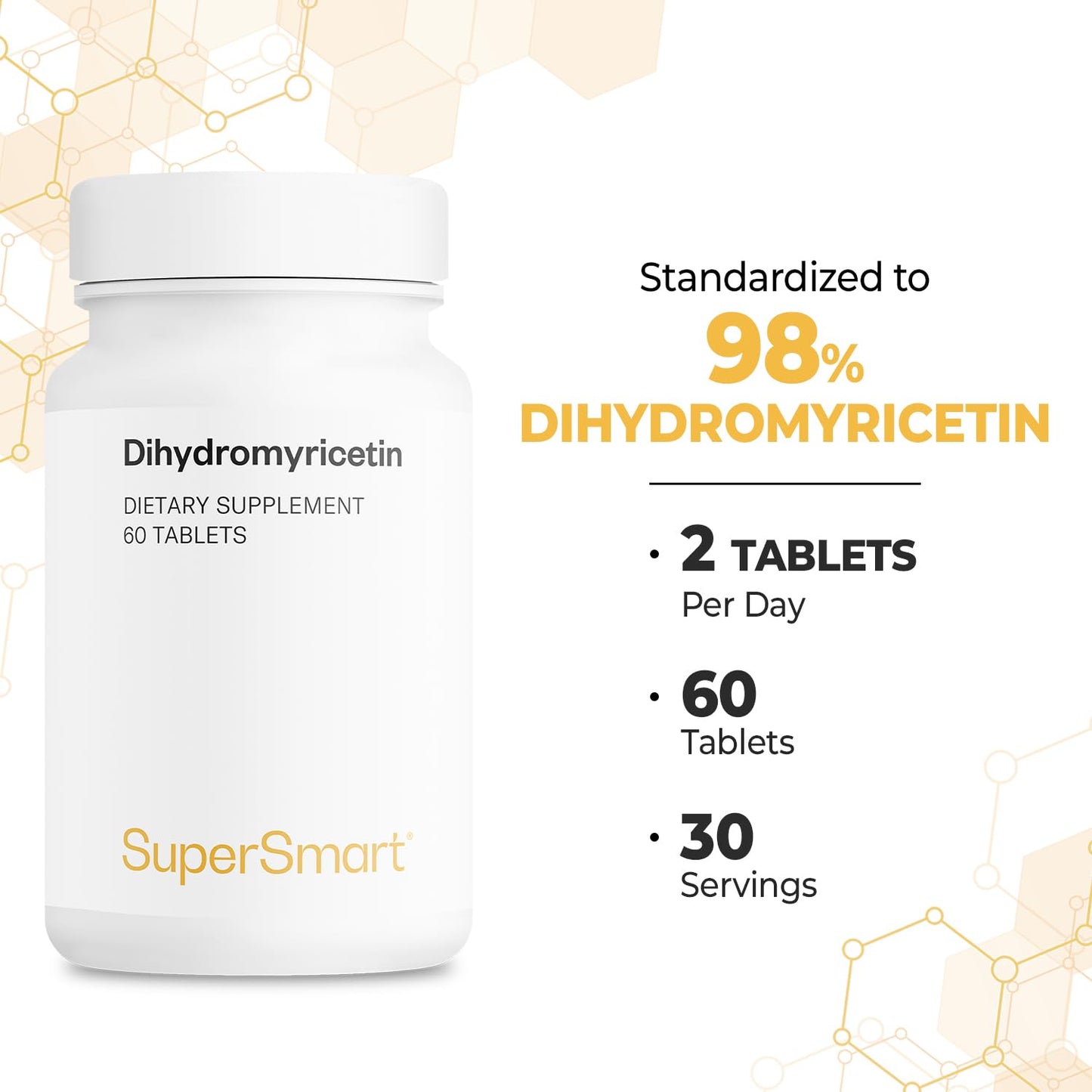 Supersmart Dihydromyricetin 600mg per Day (High Purity, DHM 98%) Ampelopsis Grossedentata Extract, Non-GMO & Gluten Free, 60 Tablets