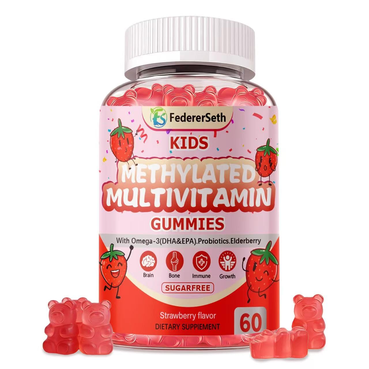 FedererSeth Methylated Multivitamin Gummies for Kids & Teens with Omega-3, Methylfolate & B12, Calcium, Probiotics, Elderberry - 60 Gummies