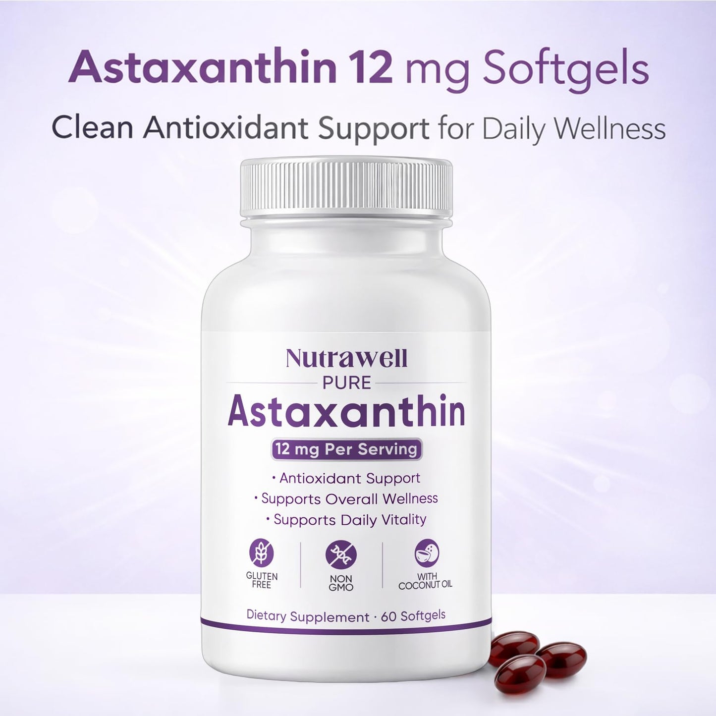 QUZOYU NutraWell Astaxanthin 12mg with Coconut Oil Antioxidant Support Supplement Softgels, 60 Count