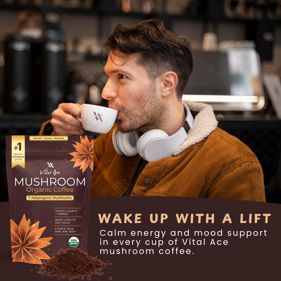 Vital Ace Organic Mushroom Coffee Powder with Lion’s Mane & 7 Adaptogens, 30 Servings, 6.35 oz