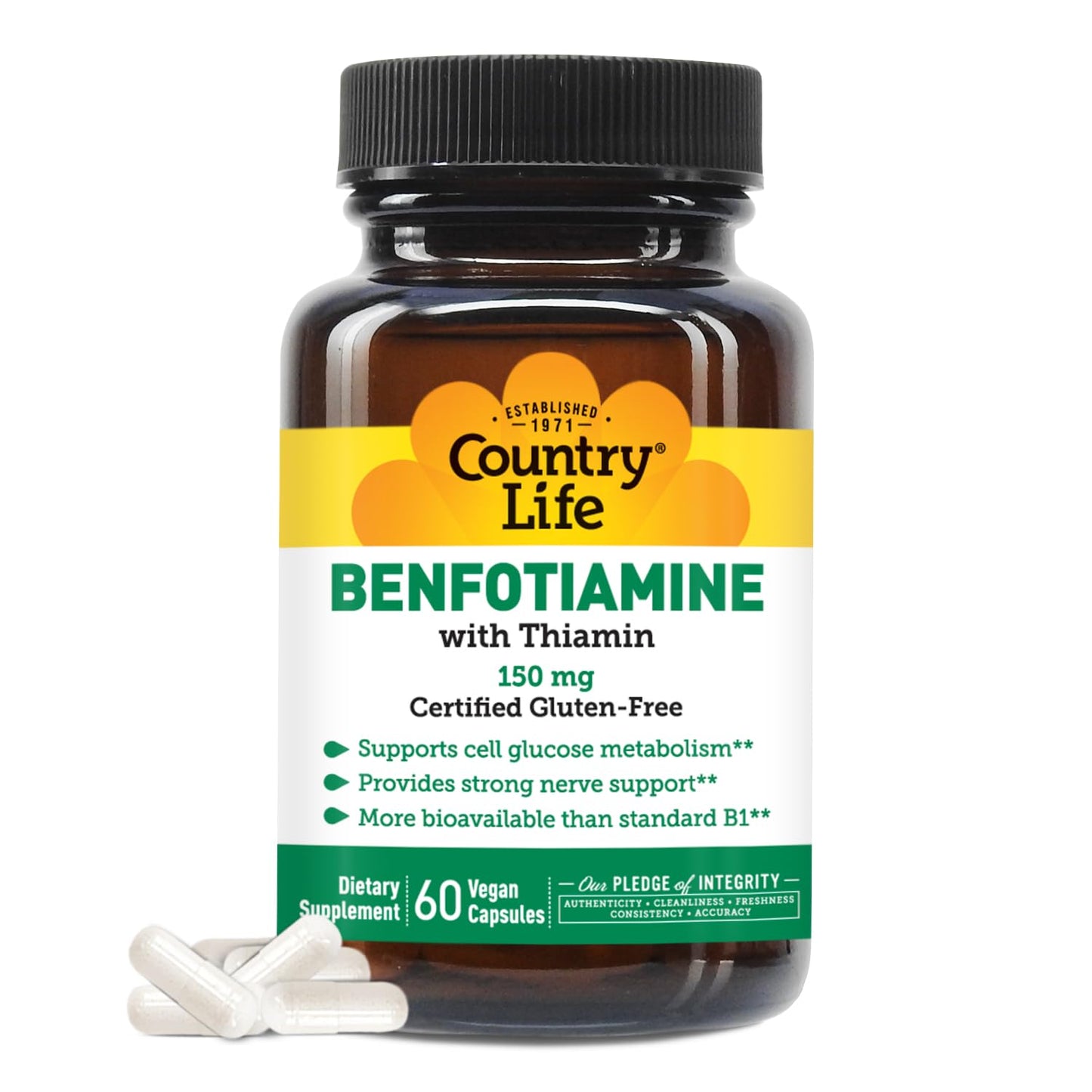 Country Life Benfotiamine with Thiamin Nerve Health Support Capsules, 60 Capsules