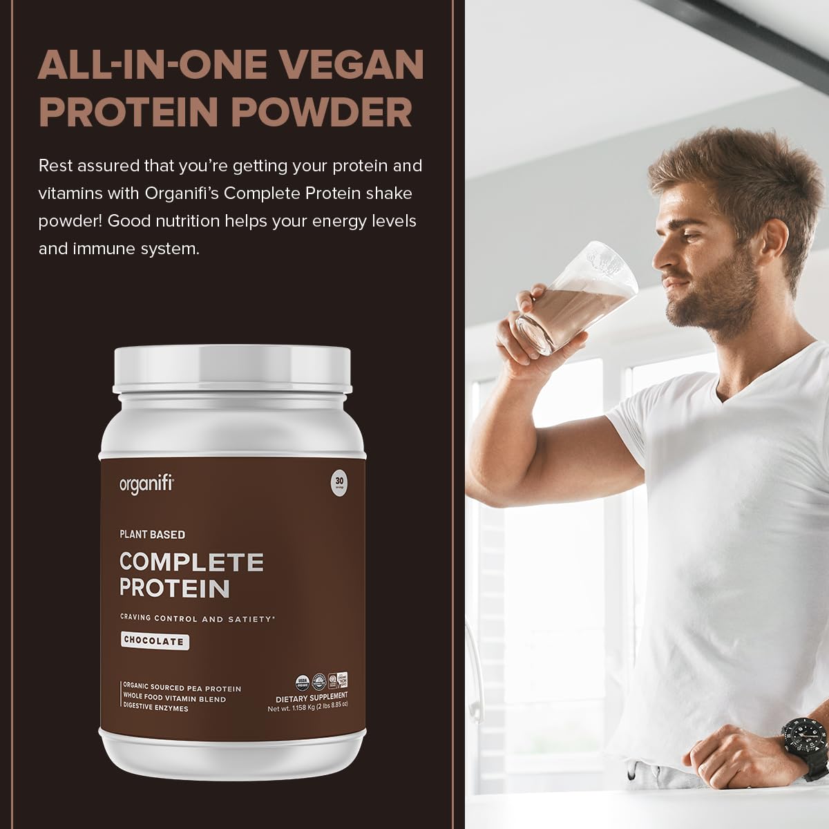Organifi Complete Protein Chocolate Flavor Organic Vegan Plant Based Protein Powder with Digestive Enzymes, 2.68 lb