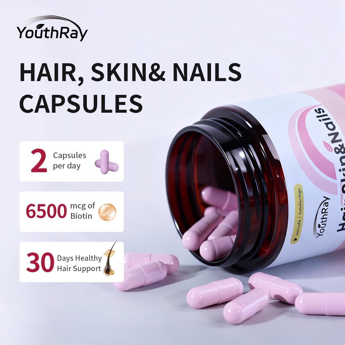 YouthRay Hair, Skin and Nails Vitamins with Biotin for Women & Men 6500mcg per Serving, Vitamin B7 for Healthy Hair with Collagen and Keratin, Non-GMO Capsule, 1 Count