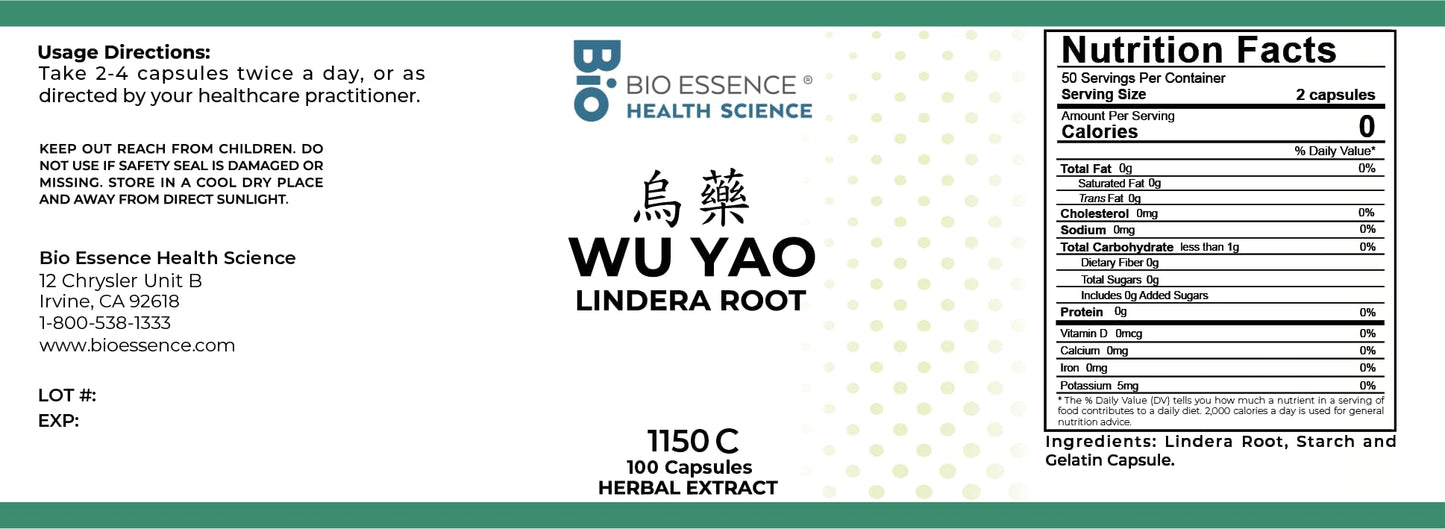 Bio Essence Health Science 1150C Wu Yao, Lindera Root 100 Capsules