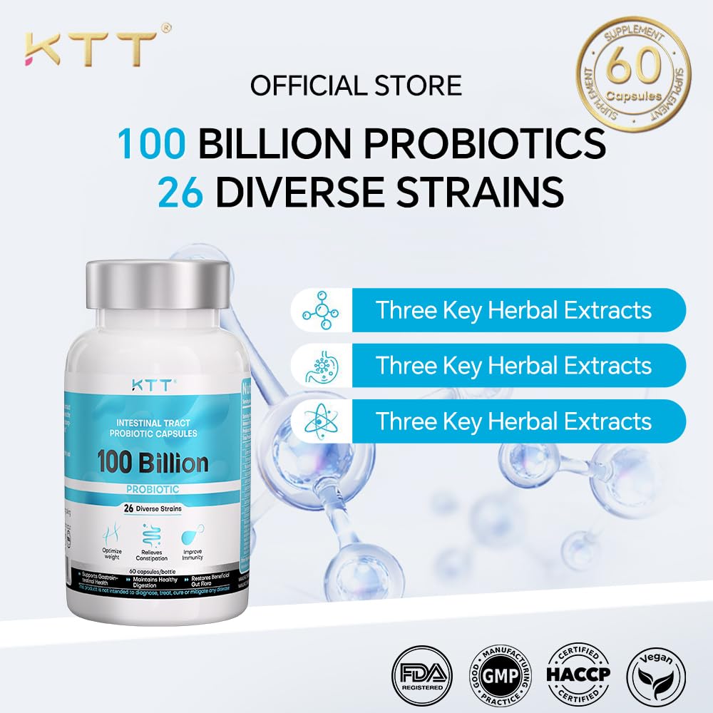 KTT US-Made Probiotics 100B CFU, 26 Strains + Organic Prebiotics, Supports Digestive & Immune Health, 120 Capsules