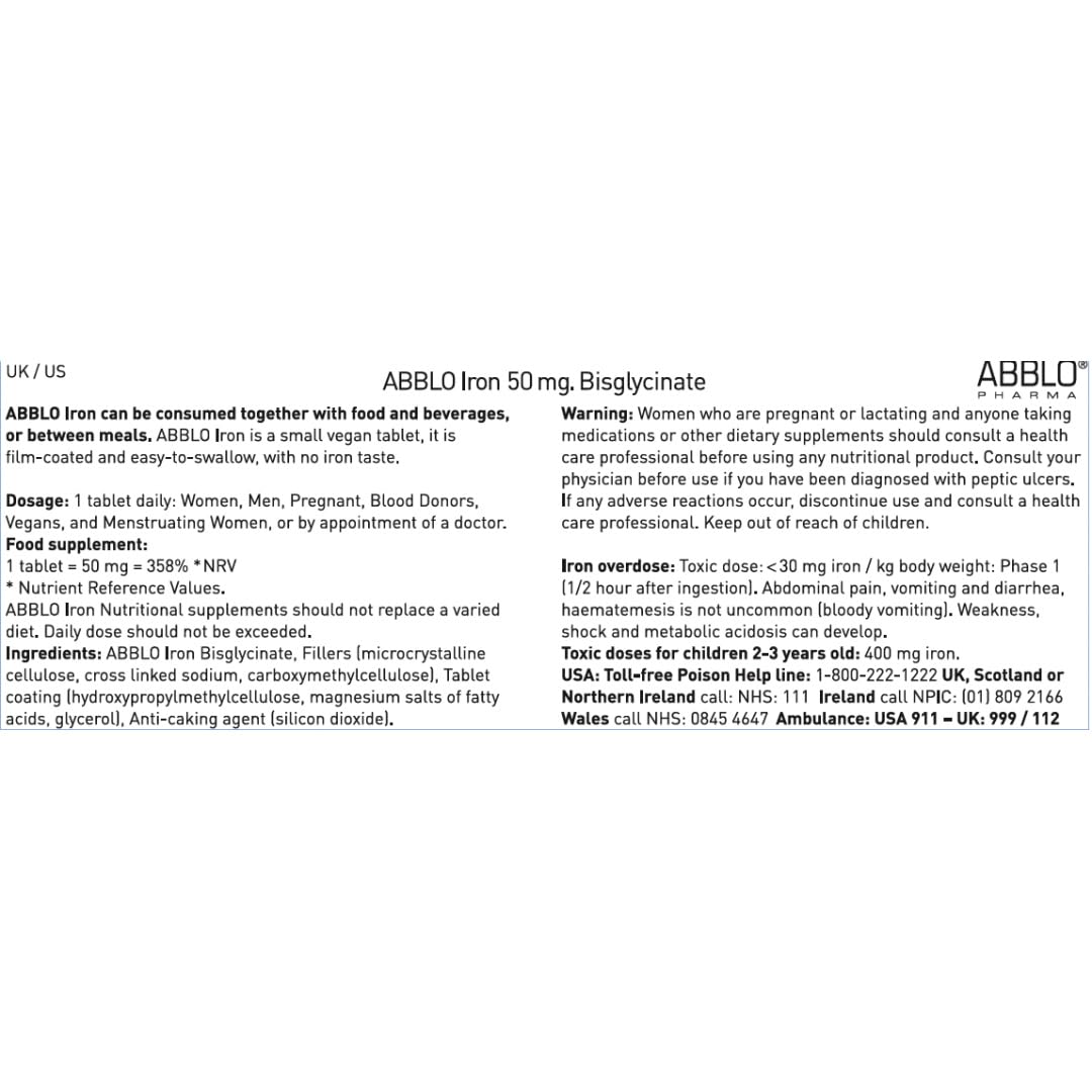 ABBLO PHARMA Iron Bisglycinate 50mg Tablet, 100 Count
