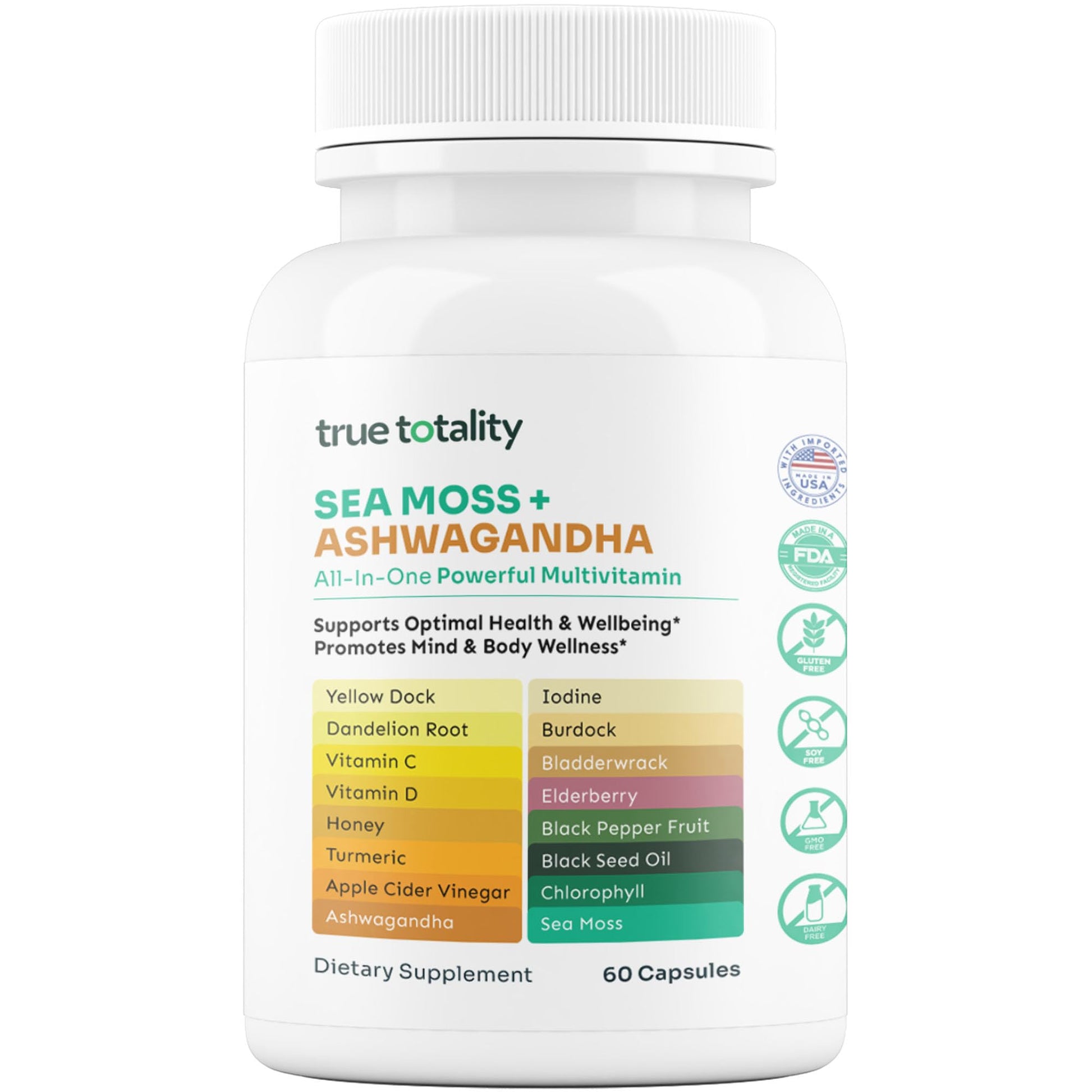True Totality Sea Moss Capsules with Ashwagandha – Turmeric, Bladderwrack, Burdock, Elderberry, Black Seed Oil & Iodine – Immune, Energy & Stress Support Supplement – Doctor Formulated, 60 Vegan Capsules