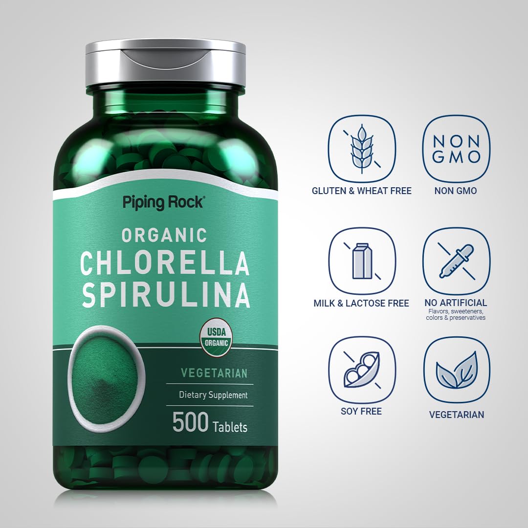 Piping Rock Chlorella Spirulina Organic Tablet, 500 Tablets