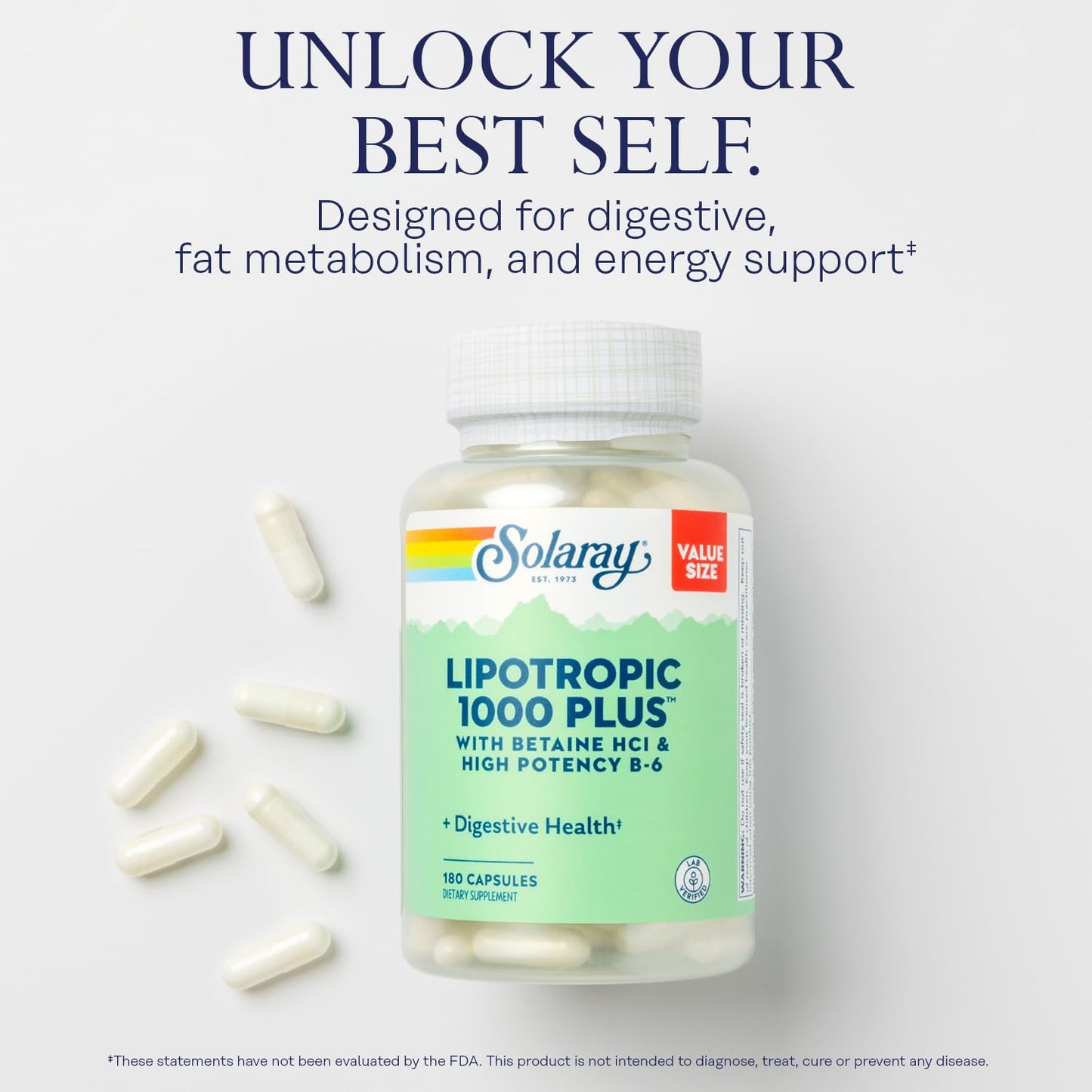 Solaray Lipotropic 1000 Plus Digestive, Energy & Fat Metabolism Support with Betaine HCl & Vitamin B-6, 180 Capsules