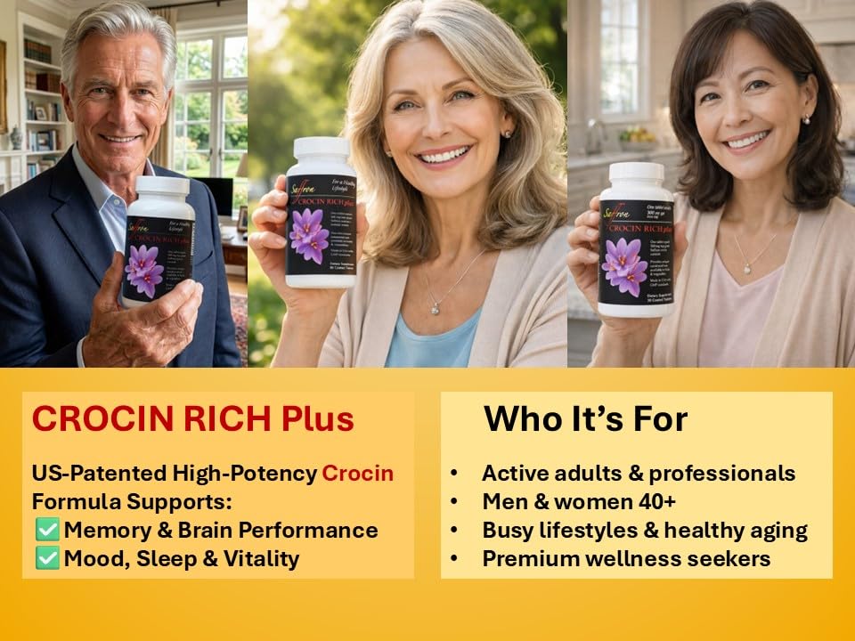 Saffron Health Sciences Crocin Rich Plus Nootropic with High-Potency Crocin, 60 Tablets