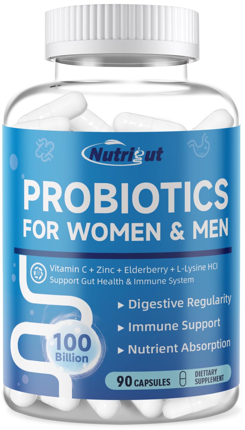 NutriGut Probiotics for Women and Men Digestive Health with 100 Billion CFUs, Gut Health & Immune Support with Prebiotics and Multivitamin, Capsule, 90 Count
