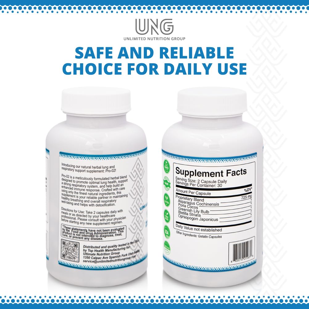 UNLIMITED NUTRITION GROUP UNG Pro-O2 Lung & Respiratory Support Supplement 725 MG 60 Capsules