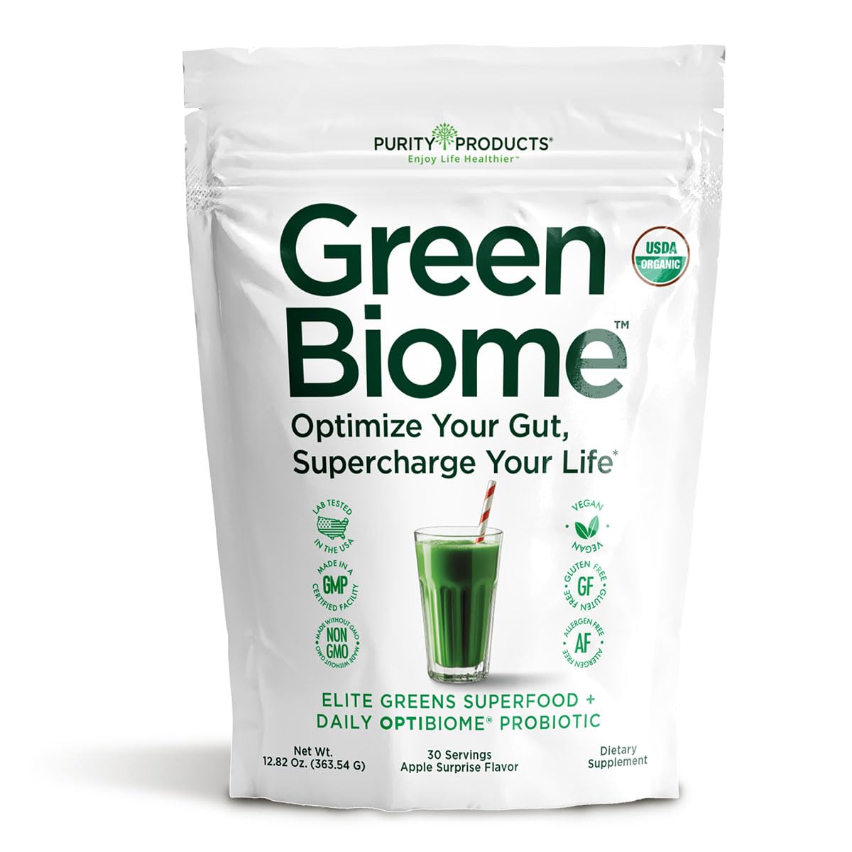Purity Products Green Biome Elite Organic Greens Superfood + Daily OptiBiome Probiotic, Powder, 12.82 Ounce