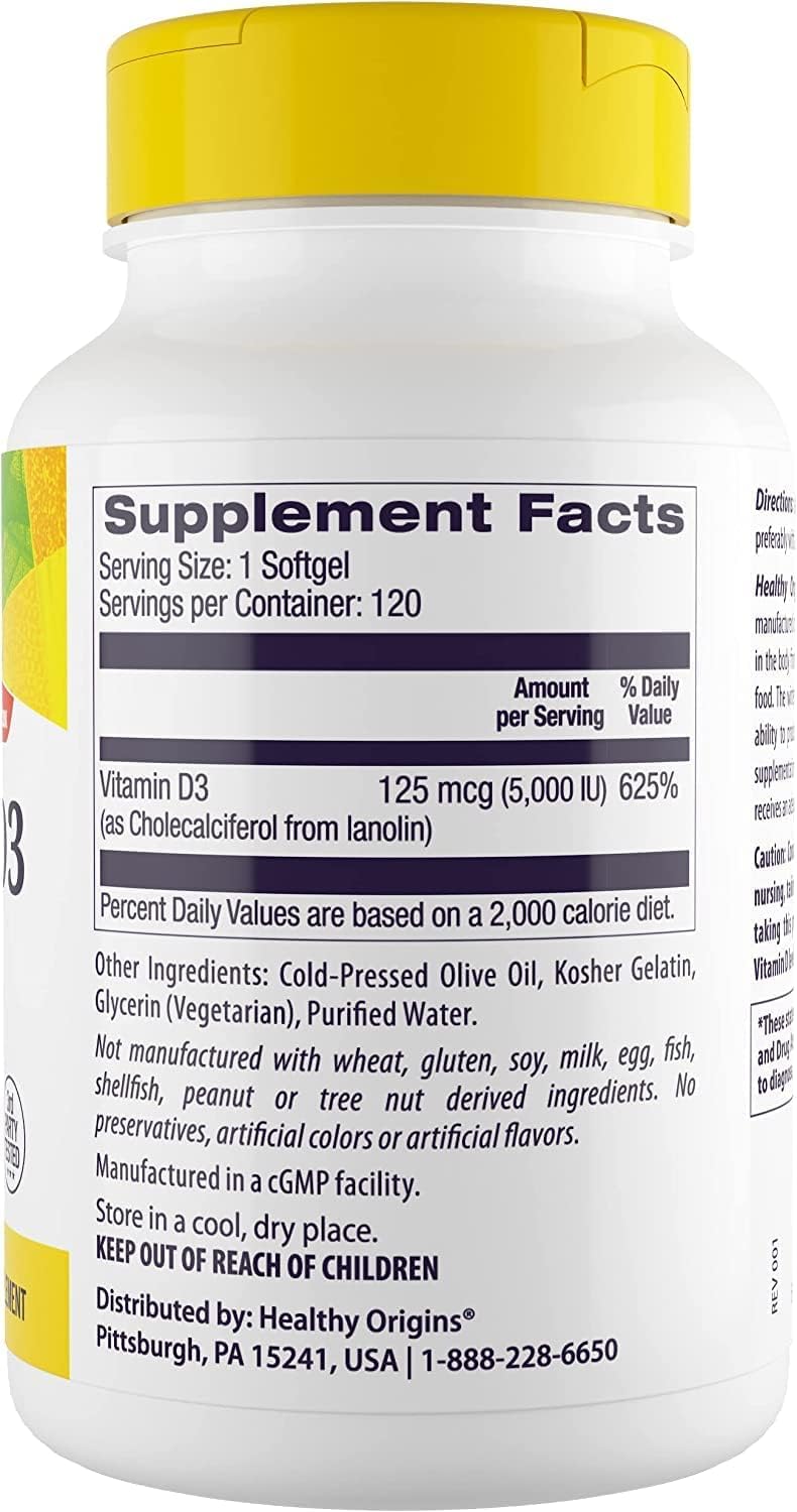 Healthy Origins Vitamin D3 5000 IU Softgels, 120 Count