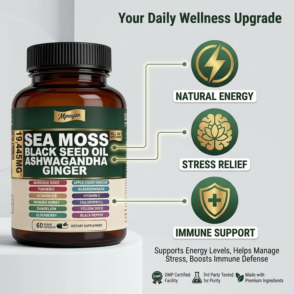 MPRAYAN Sea Moss Black Seed Oil Ashwagandha 10:1 Extract Blend Capsules, 60 Count