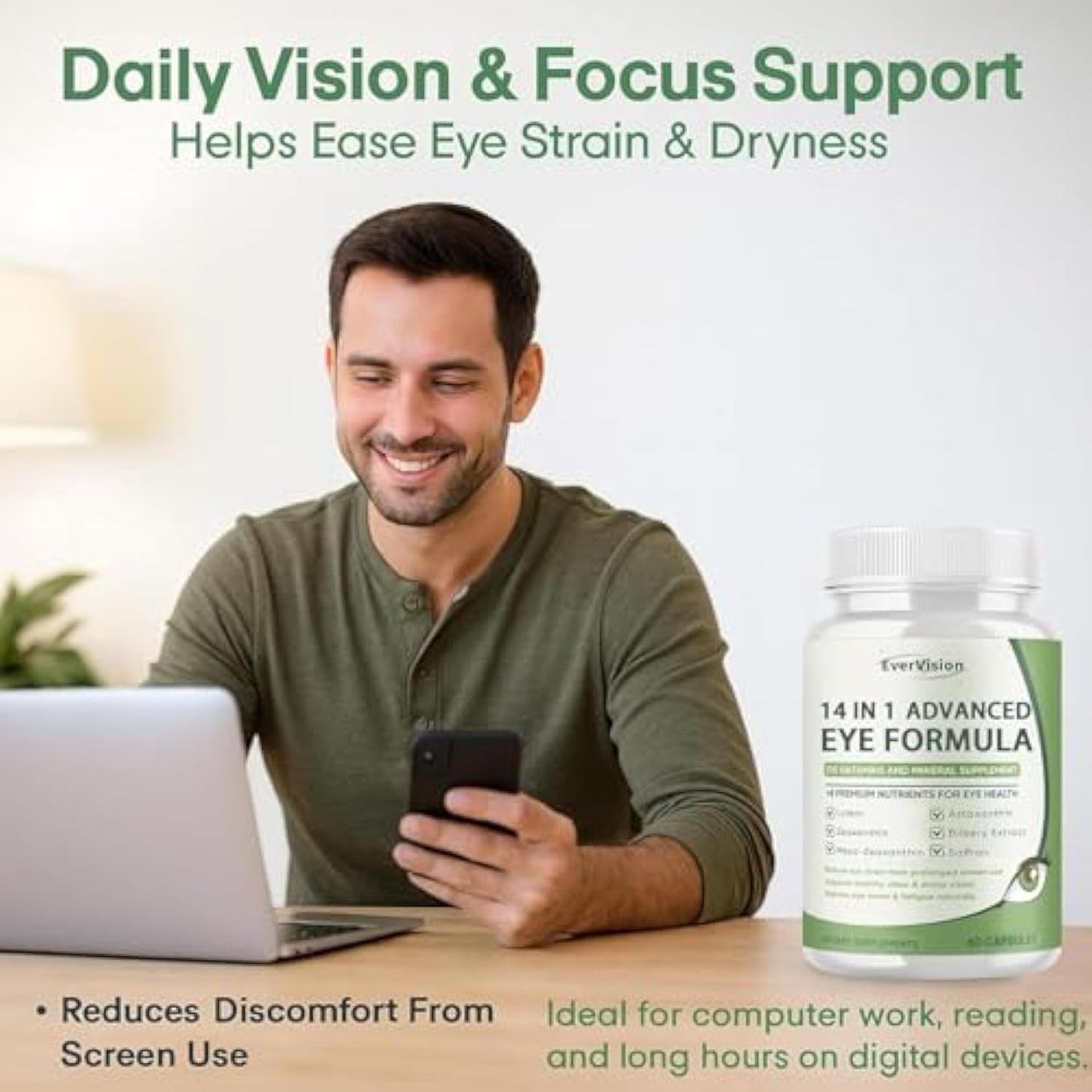 EVERVISION 14 in 1 Advanced Eye Formula Eye Vitamin and Mineral Supplement with Lutein, Zinc, Zeaxanthin & Bilberry Extract for Vision Care, Capsule, 60 Capsules