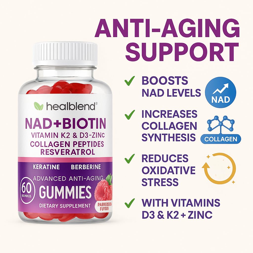healblend NAD+ Biotin Gummies – Collagen Peptides, Resveratrol, Keratin & Berberine – Anti-Aging Hair, Skin & Nail Support – Vitamin K2 & D3, Zinc – Raspberry Flavor, 60 Gummies