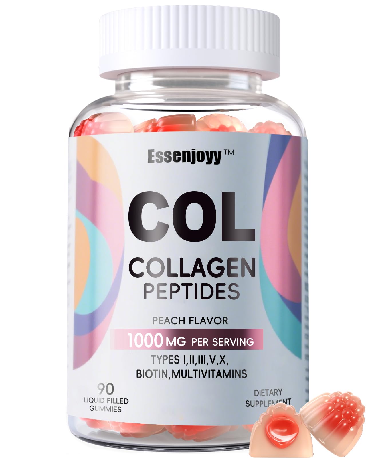 ESSENJOYY Liquid Filled Collagen Peptides Gummies, 1000mg with Biotin, Vitamin C, E, Sugar Free, Peach Flavor, 90 Count