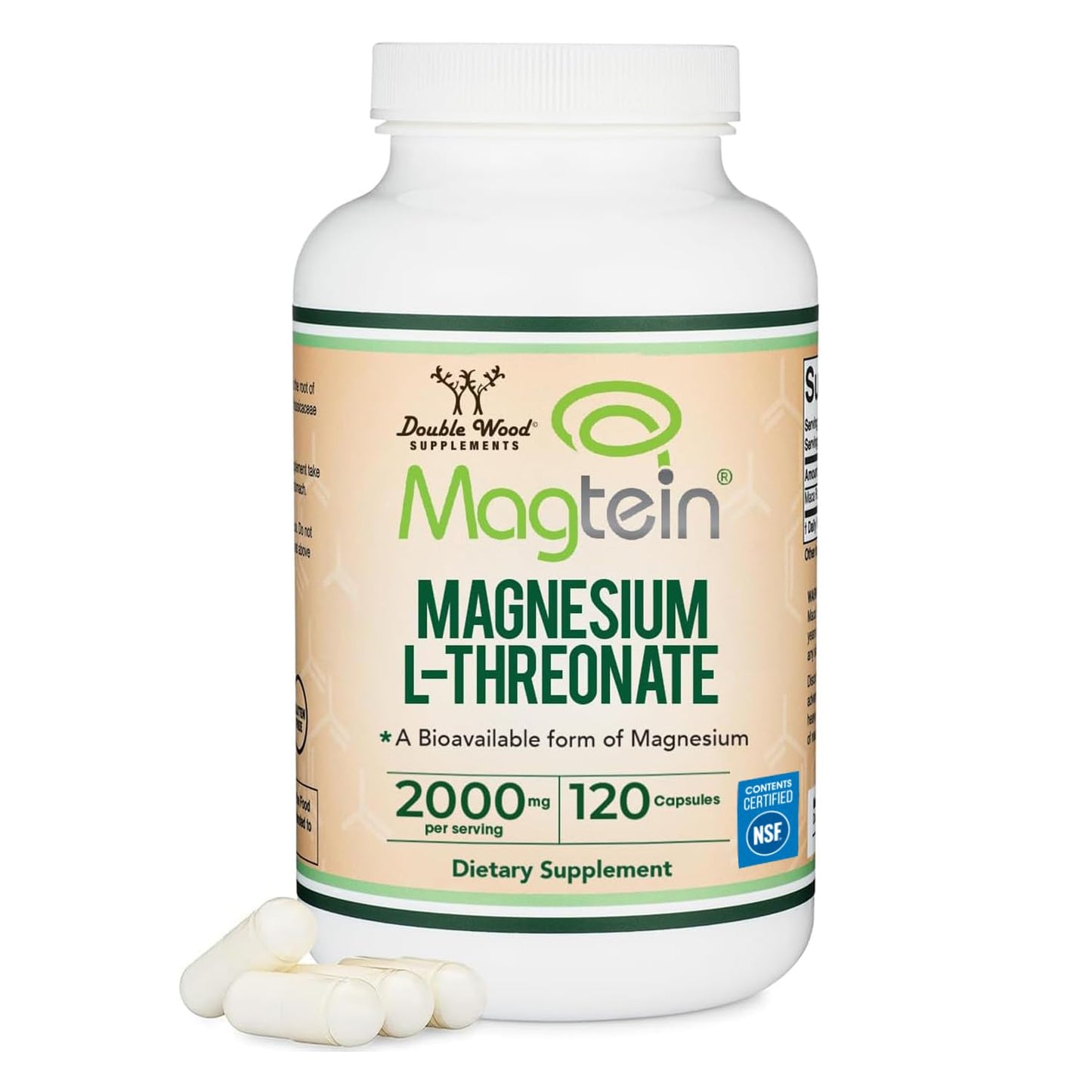 Double Wood Supplements Magnesium L-Threonate, Magtein – NSF Certified – Sleep and Cognitive Support – High Absorption – Most Bioavailable Form of Magnesium – 2,000 mg – 120 Capsules