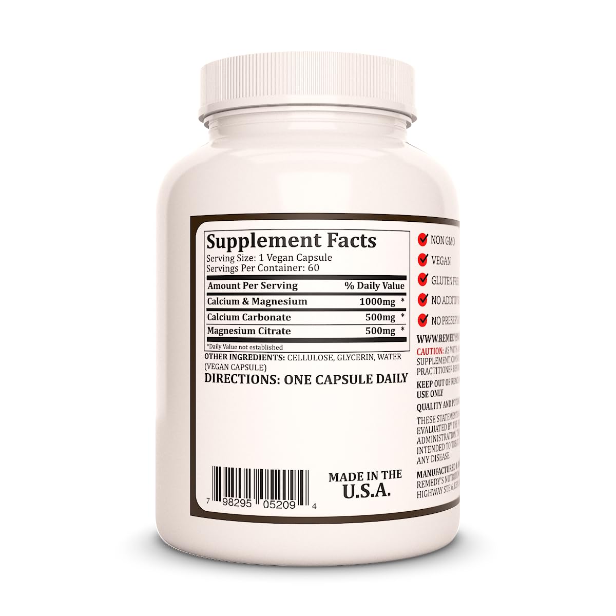 Remedy's Nutrition Calcium Magnesium Zinc Capsules 60 Count