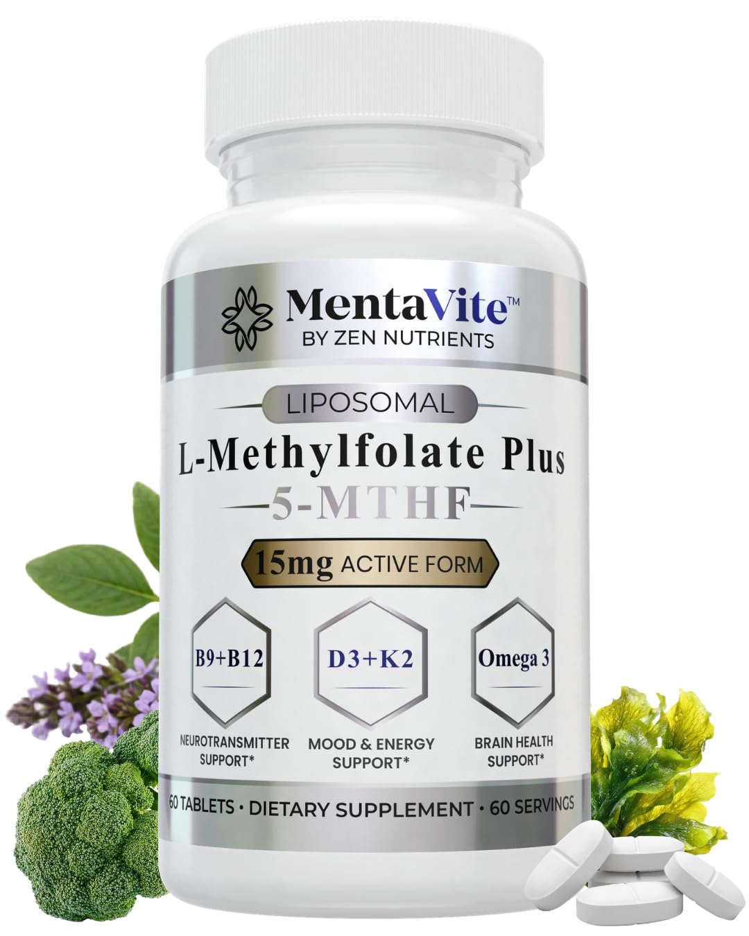 Zen Nutrients L-Methylfolate 15 mg Liposomal Matrix - Active 5-MTHF with Methylcobalamin (B12), B9, Omega 3, D3 + K2 - Methyl Folate Supplement Supports Mood, Methylation, Cognition, Vegan, 60 Tablets