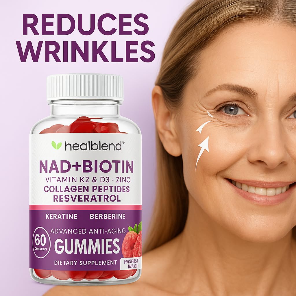 healblend NAD+ Biotin Gummies – Collagen Peptides, Resveratrol, Keratin & Berberine – Anti-Aging Hair, Skin & Nail Support – Vitamin K2 & D3, Zinc – Raspberry Flavor, 60 Gummies