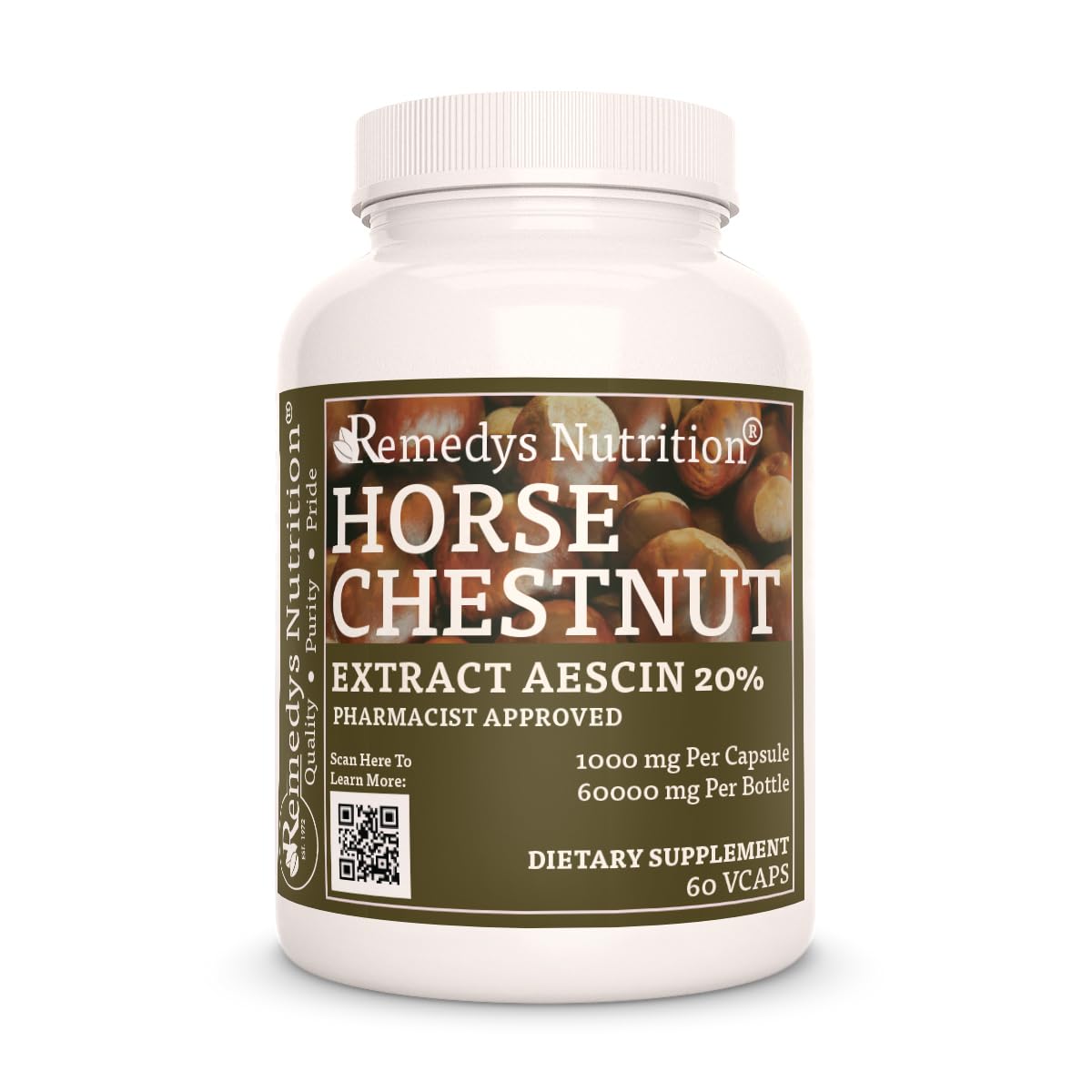 Remedy’s Nutrition Horse Chestnut Extract Aescin 20% - 1,000mg, 60 Vegan Capsules