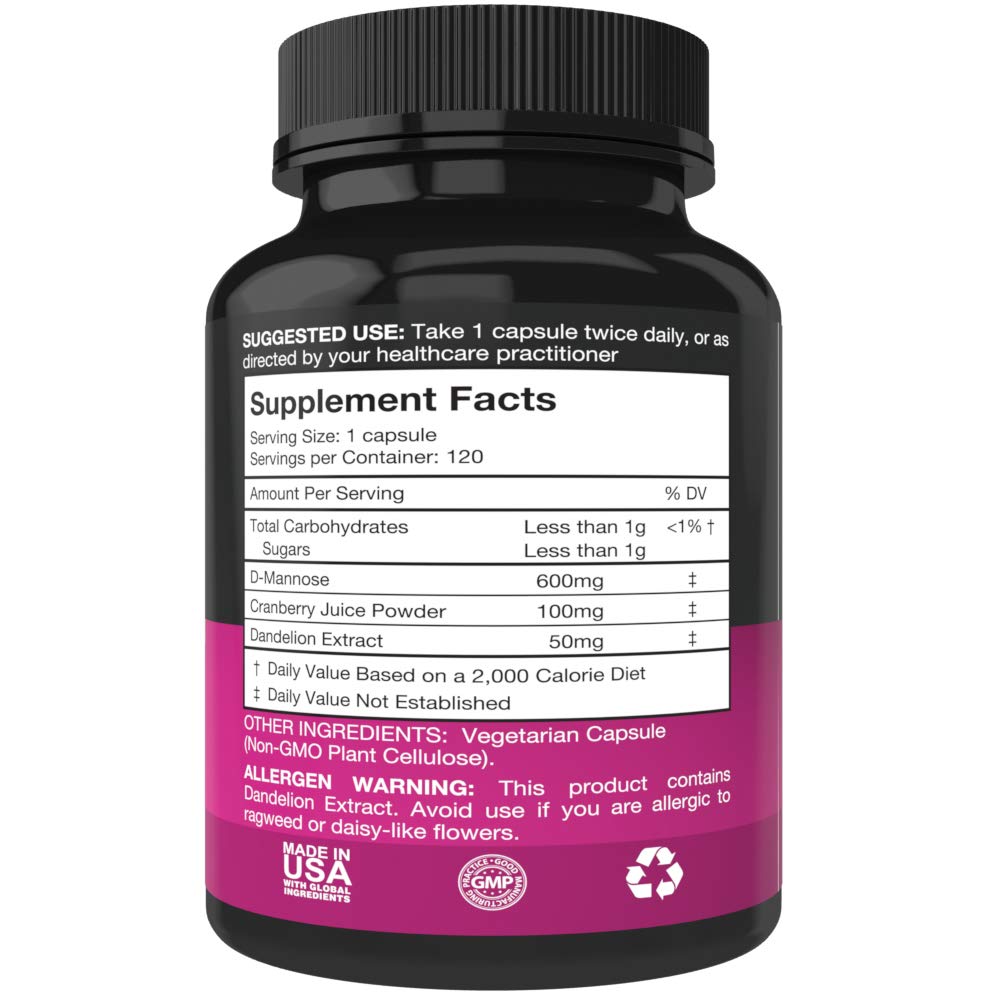 Purest Vantage D Mannose Capsules with 600mg D-Mannose per Capsule, Cranberry & Dandelion Extract for Bladder & Urinary Tract Support, 120 Veggie Caps
