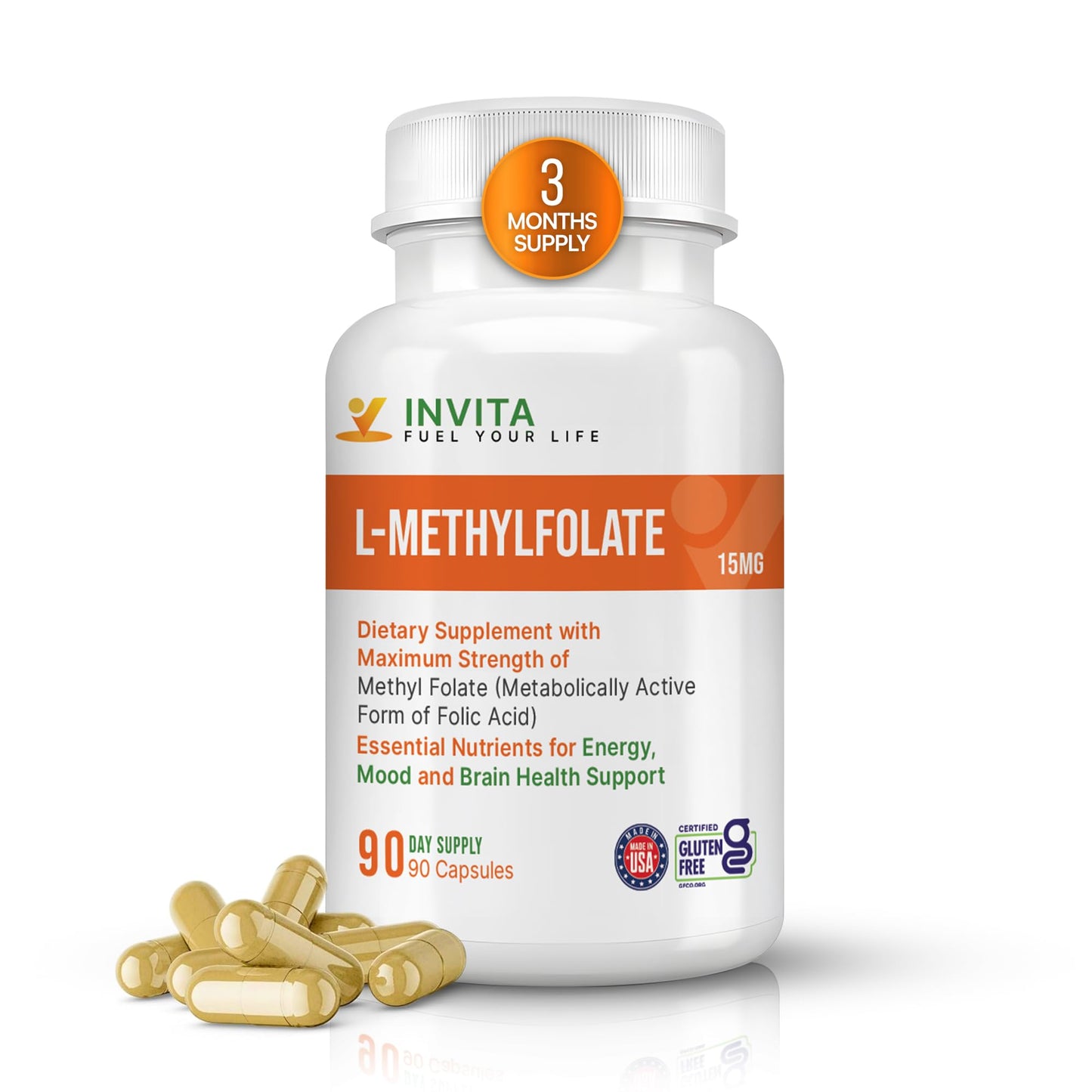 INVITA L-Methylfolate 15mg – Physician Formulated 5-MTHF Active Methyl Folate Capsule, 90 Count