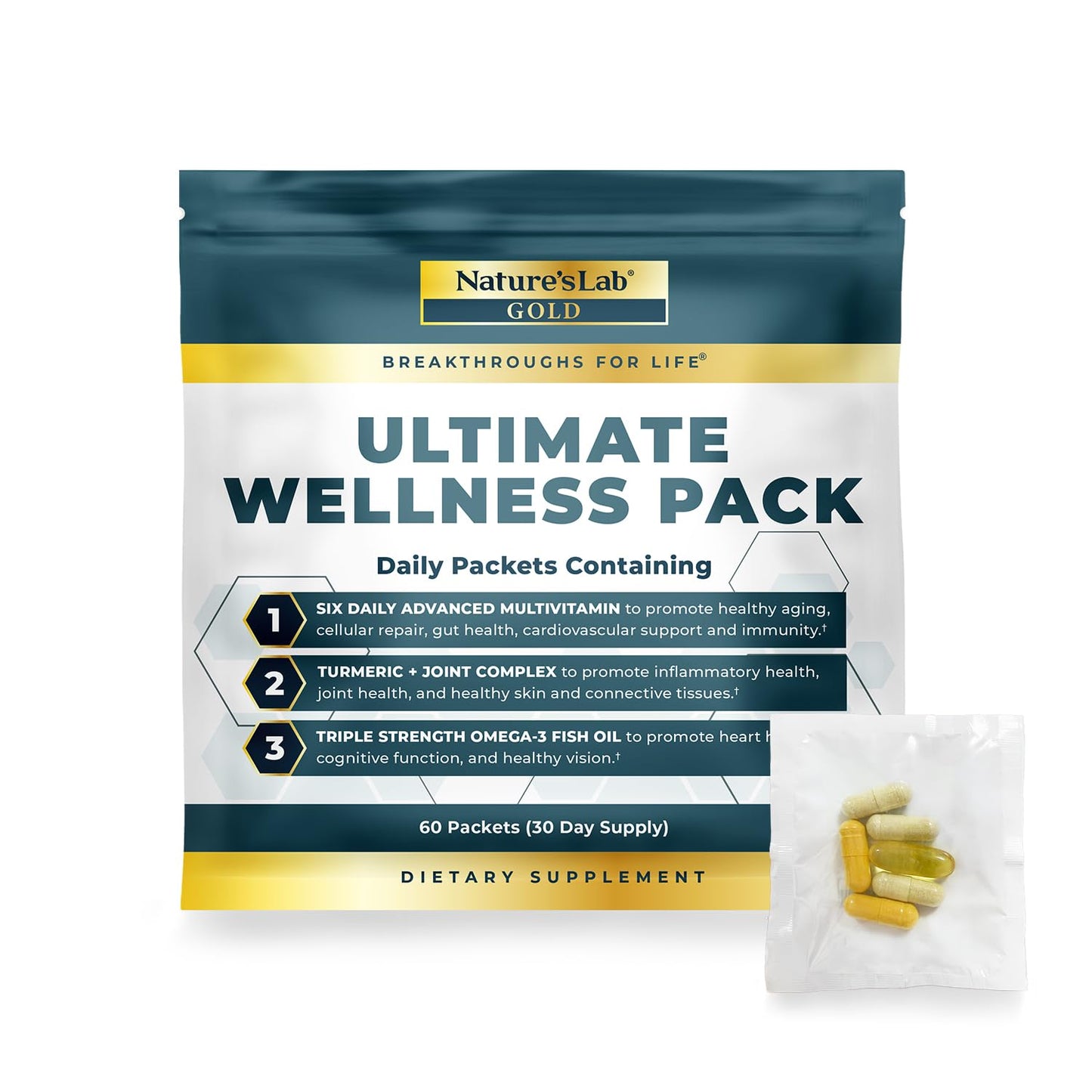 Nature's Lab Daily Vitamin Packs for Men & Women - Multivitamin + Triple Strength Omega 3 Fish Oil + Turmeric Joint Support Gold Ultimate Wellness Pack Capsules, Softgels, 60 Packets