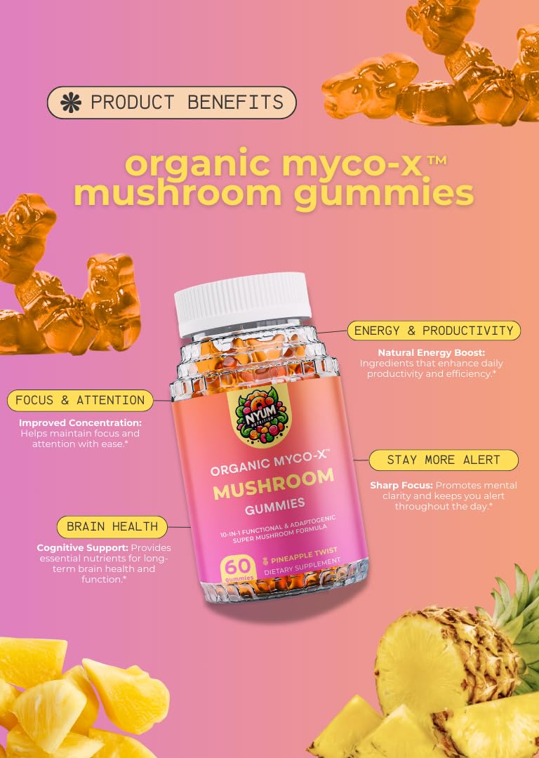FUCOIDAN FORCE MYCO-X Mushroom Gummies, Organic, 10-in-1 Formula, Pineapple Twist, 60 Count