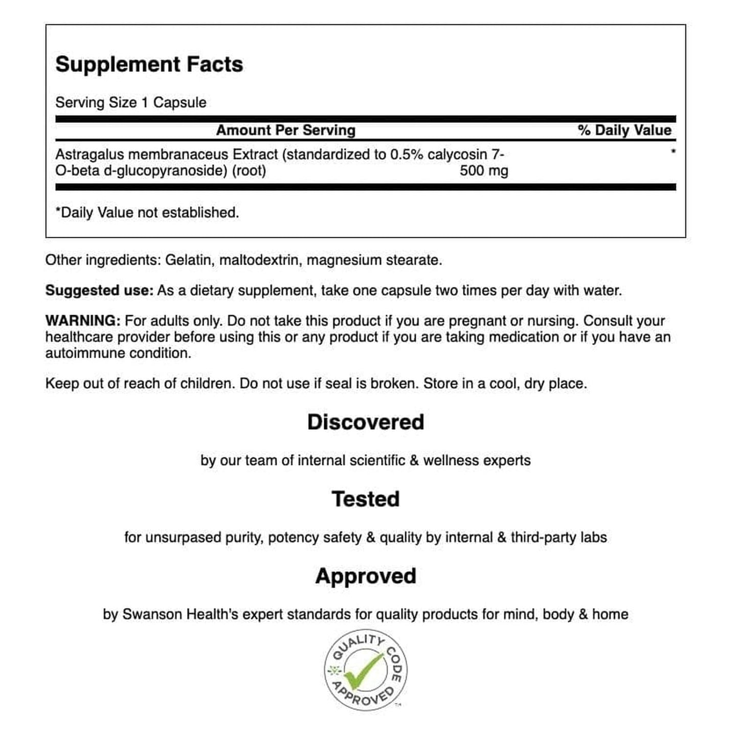 Swanson Astragalus (Standardized) 500 mg Capsules, 120 Count