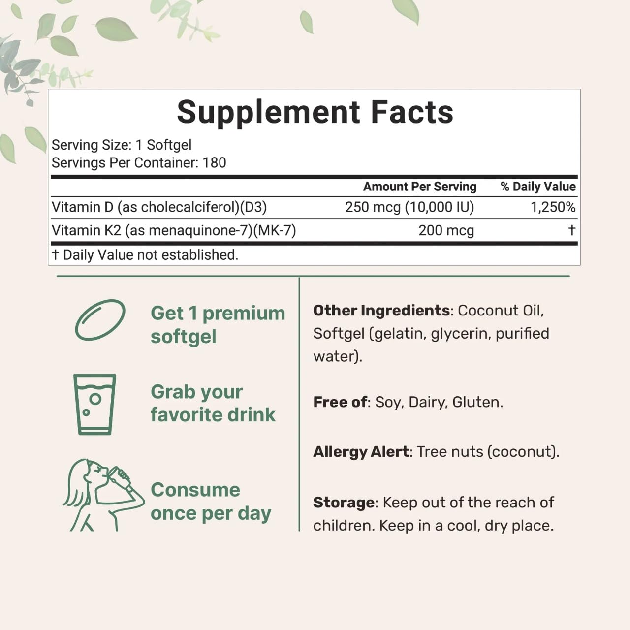 Cures For Life Vitamin D3 5000 IU with K2 MK-7 100 mcg Softgels, 300 Count