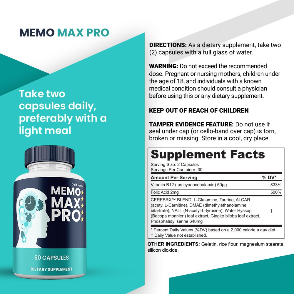 Gold Nutra Memo MaxPro Capsule, All Natural Brain and Cognitive Supplement, 2 Capsules