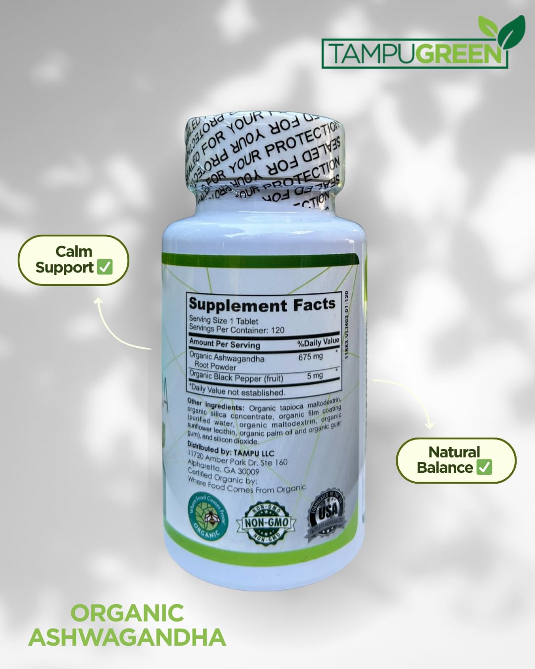 TAMPUGREEN Organic Ashwagandha 675 mg Root Extract with Black Pepper Caplets 120