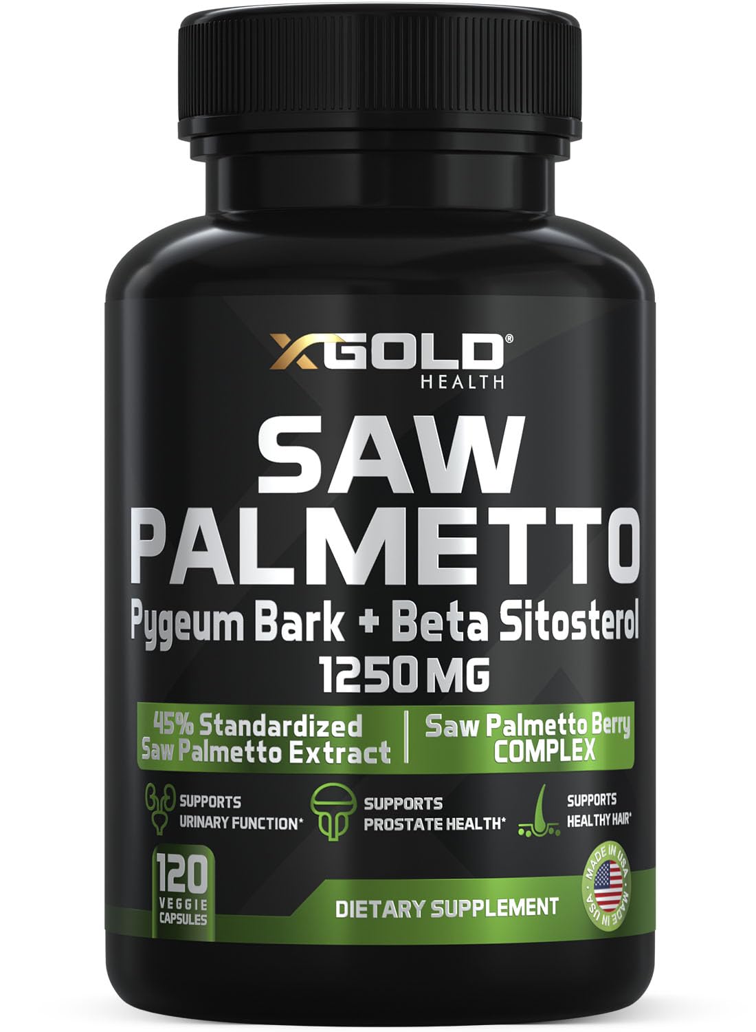X Gold Health Saw Palmetto for Men 1250mg – Prostate Support with Beta Sitosterol & Pygeum Bark – Supports Urinary Flow & Bladder Control – DHT Blocker for Hair Loss 120 Capsules