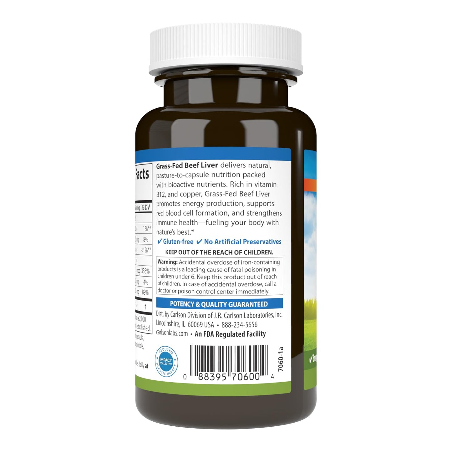 Carlson Grass-Fed Beef Liver with Iron & Copper for Blood Health & Energy, Red Blood Cell Production, 60 Capsules