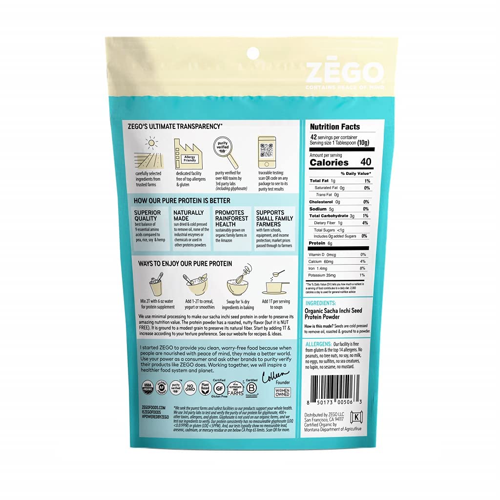 ZEGO Organic 100% Sacha Inchi Seed Protein Powder, 15 oz