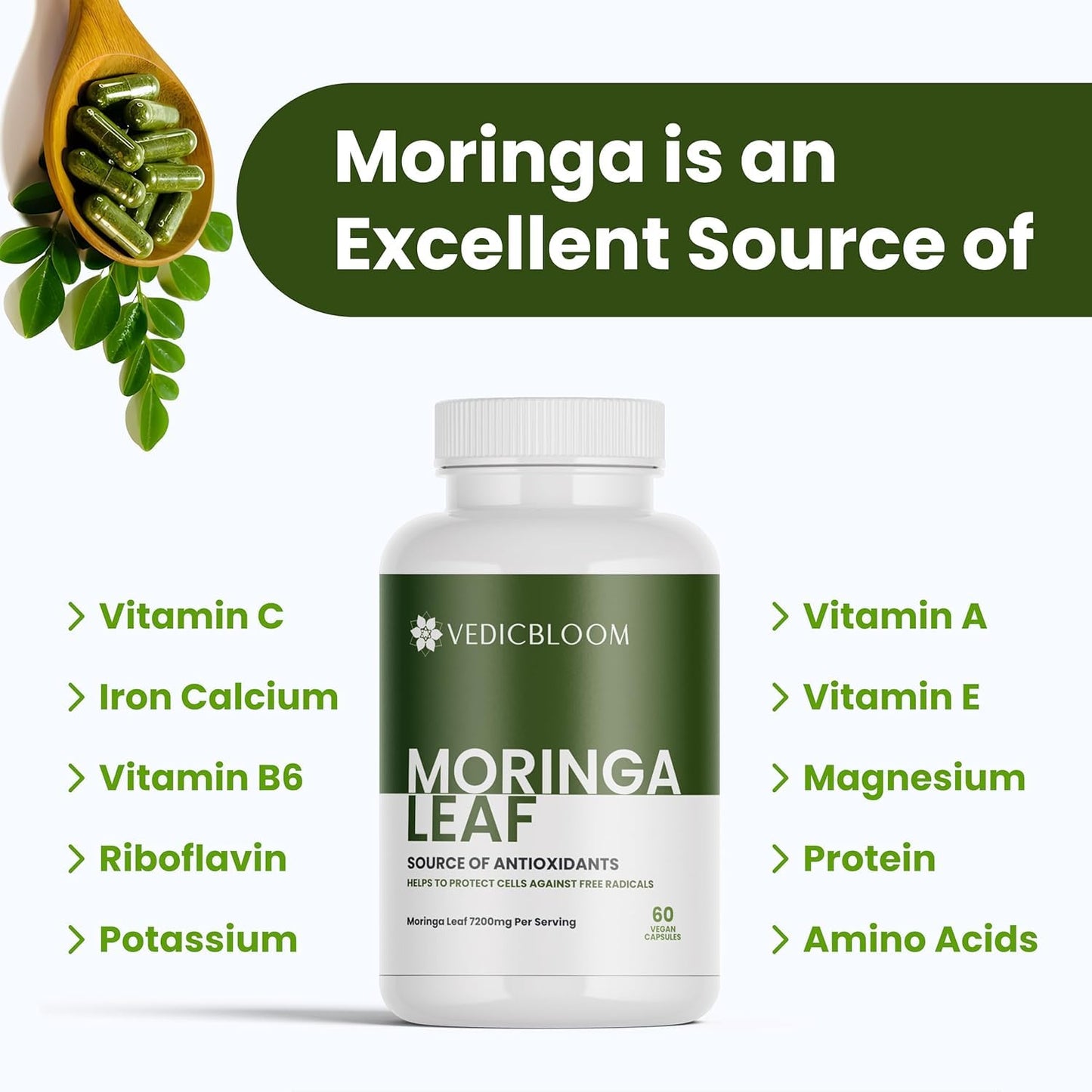 VEDICBLOOM Organic Moringa Oleifera Capsules, 60 Count