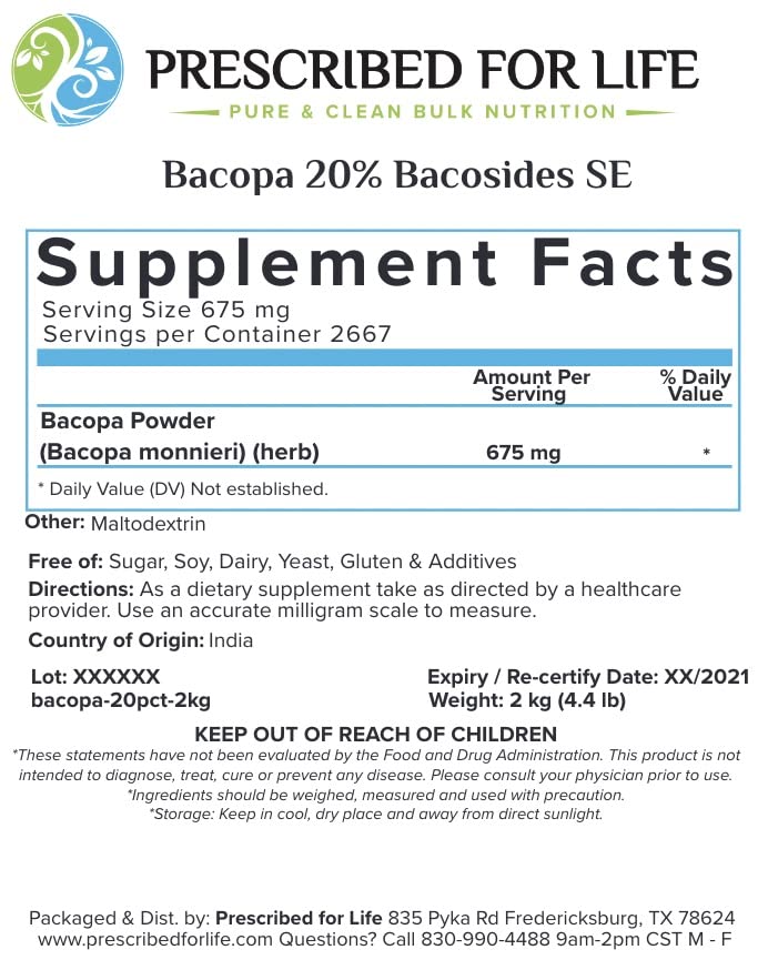 Prescribed For Life Bacopa Powder 20% Bacosides, Brahmi Powder, Bacopa monnieri, 3.99 Ounce