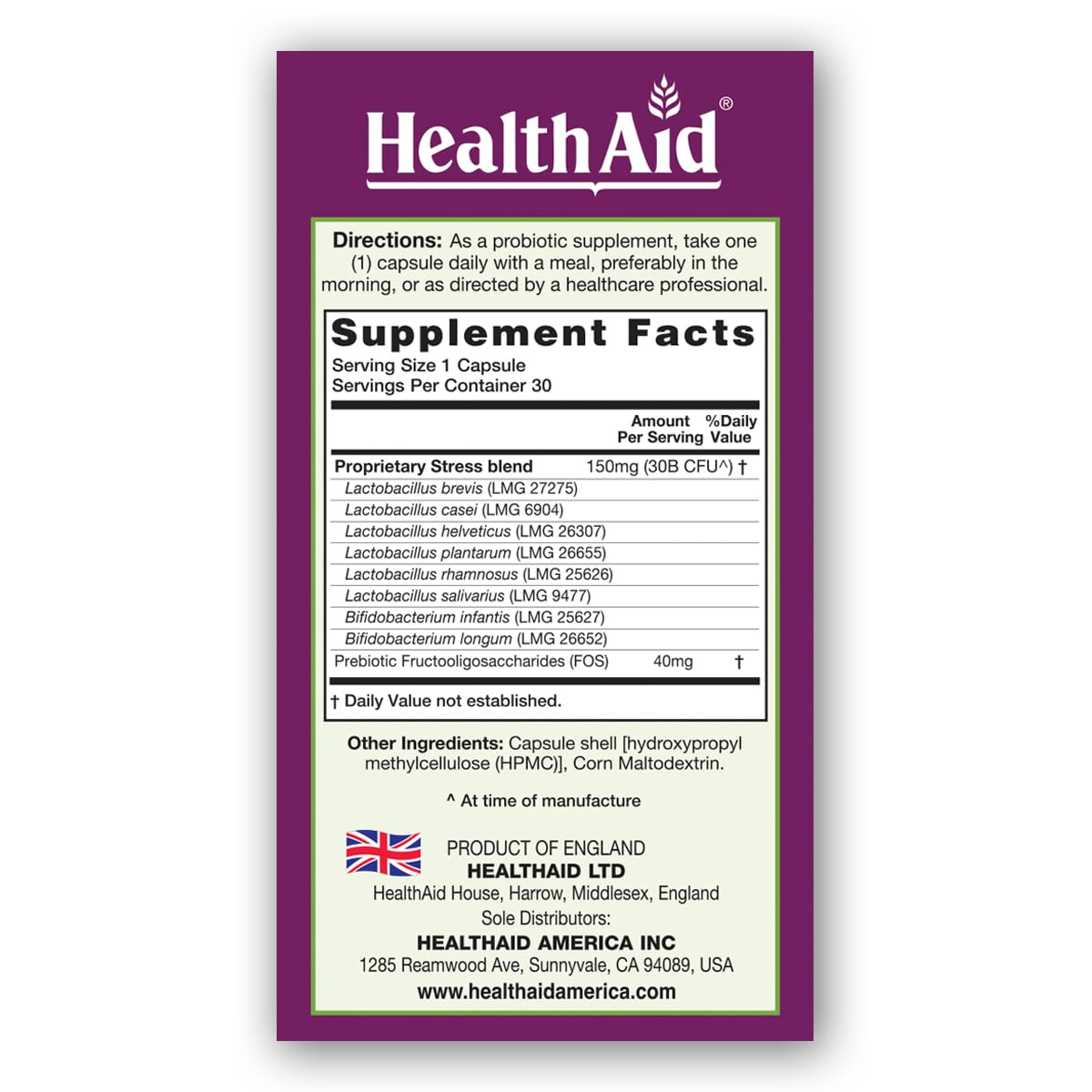 HealthAid StressProbio Gut-Brain Probiotic Capsule 30 Count